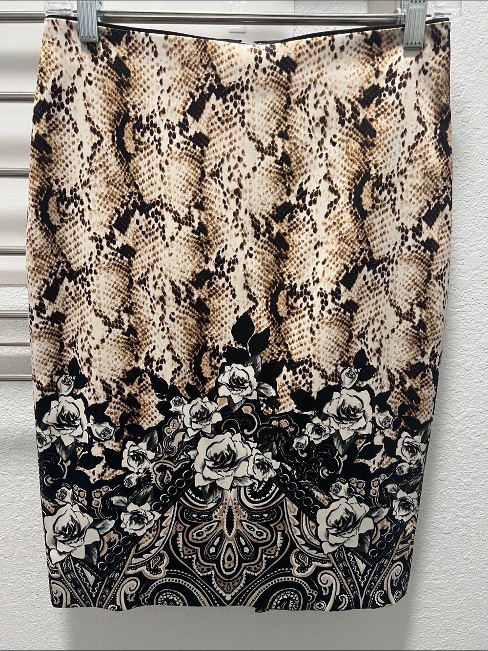 Snake Print Pencil Skirt with Floral Border - Beige/Black
